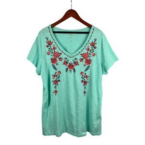 Belle By Kim Gravel Embroidered Floral Tee Size 1X Aqua Cotton/Modal